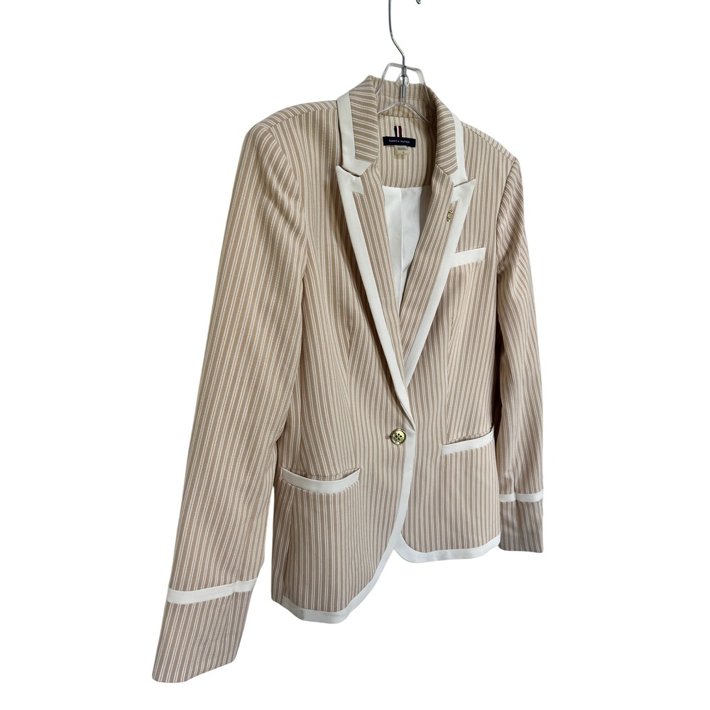 Tommy Hilfiger Womens Tan White Striped Blazer Elbow Patches Size 8 - Picture 4 of 9